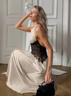Robe de soirée maxi kaki dos nu à découpes robe sexy semi-formelle