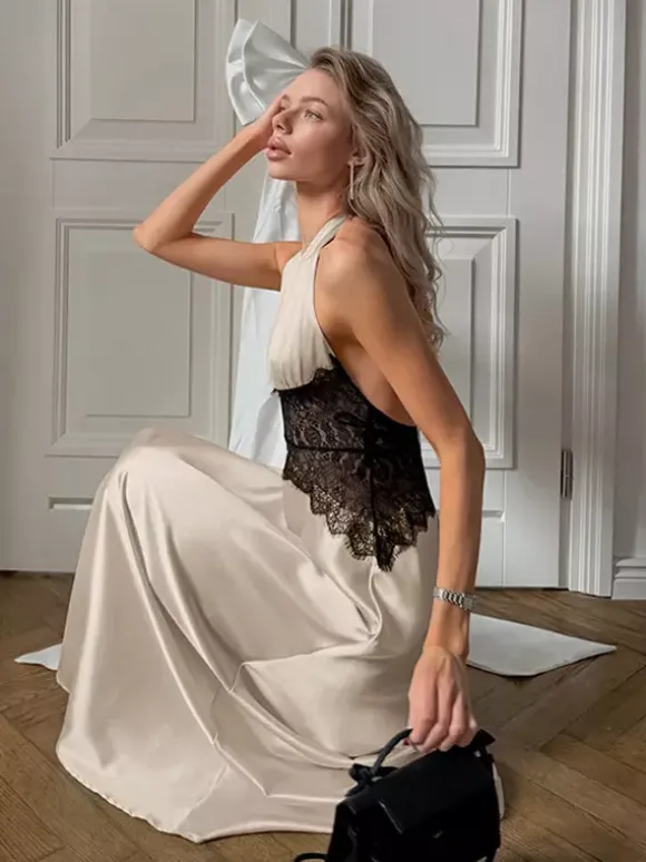 Robe de soirée maxi kaki dos nu à découpes robe sexy semi-formelle