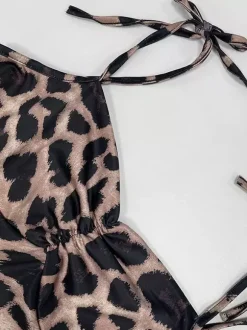 Robe de soirée maxi léopard à bretelles et col plissé sans manches élégante et semi-formelle