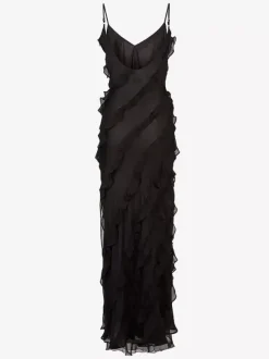 Robe de soirée maxi noire à bretelles col à volants sans manches et dos nu élégante et semi-formelle