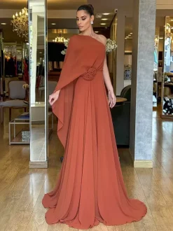 Robe de soirée maxi orange asymétrique sans manches style rétro semi-formel idéale pour l'été.