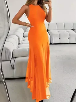 Robe de soirée maxi orange à col rond plissé sans manches élégante et semi-formelle