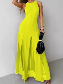 Robe de soirée maxi orange à col rond plissé sans manches élégante et semi-formelle