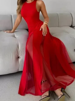 Robe de soirée maxi orange à col rond plissé sans manches élégante et semi-formelle