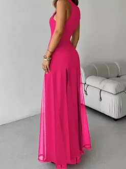 Robe de soirée maxi orange à col rond plissé sans manches élégante et semi-formelle