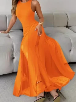 Robe de soirée maxi orange à col rond plissé sans manches élégante et semi-formelle