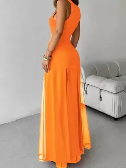 Robe de soirée maxi orange à col rond plissé sans manches élégante et semi-formelle