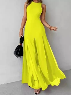 Robe de soirée maxi orange à col rond plissé sans manches élégante et semi-formelle