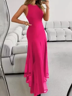 Robe de soirée maxi orange à col rond plissé sans manches élégante et semi-formelle