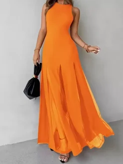 Robe de soirée maxi orange à col rond plissé sans manches élégante et semi-formelle