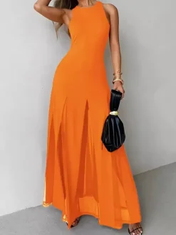 Robe de soirée maxi orange à col rond plissé sans manches élégante et semi-formelle