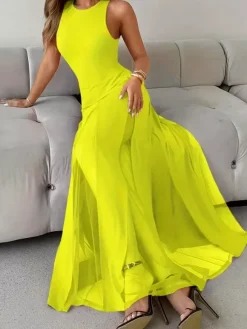 Robe de soirée maxi orange à col rond plissé sans manches élégante et semi-formelle
