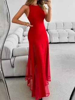Robe de soirée maxi orange à col rond plissé sans manches élégante et semi-formelle