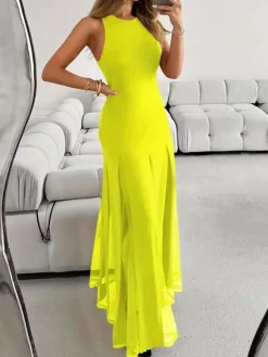 Robe de soirée maxi orange à col rond plissé sans manches élégante et semi-formelle