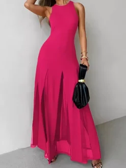 Robe de soirée maxi orange à col rond plissé sans manches élégante et semi-formelle