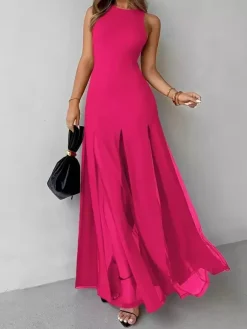 Robe de soirée maxi orange à col rond plissé sans manches élégante et semi-formelle
