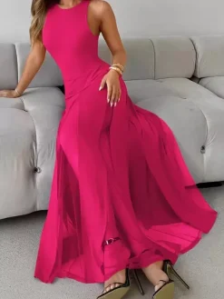 Robe de soirée maxi orange à col rond plissé sans manches élégante et semi-formelle