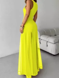 Robe de soirée maxi orange à col rond plissé sans manches élégante et semi-formelle