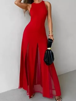 Robe de soirée maxi orange à col rond plissé sans manches élégante et semi-formelle