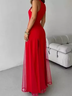 Robe de soirée maxi orange à col rond plissé sans manches élégante et semi-formelle