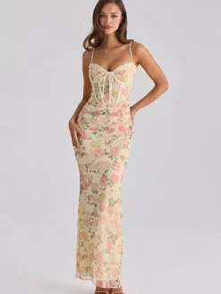 Robe de soirée maxi rose à bretelles col sans manches imprimée sexy semi-formelle
