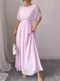 Robe de soirée maxi rose à col rond et volants manches mi-longues style chic semi-formel