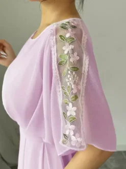 Robe de soirée maxi rose à col rond et volants manches mi-longues style chic semi-formel