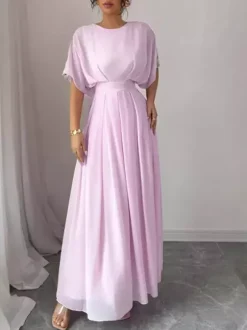 Robe de soirée maxi rose à col rond et volants manches mi-longues style chic semi-formel