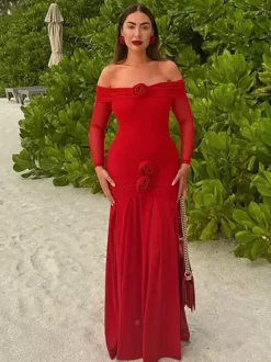 Robe de soirée maxi rouge à épaules dénudées plissée manches longues élégante et semi-formelle
