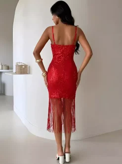 Robe de soirée midi bordeaux à col V franges sans manches dos nu sexy et semi-formelle