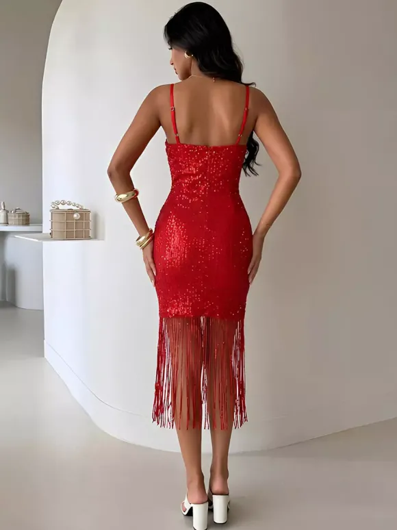 Robe de soirée midi bordeaux à col V franges sans manches dos nu sexy et semi-formelle