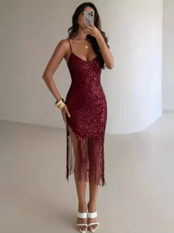 Robe de soirée midi bordeaux à col V franges sans manches dos nu sexy et semi-formelle