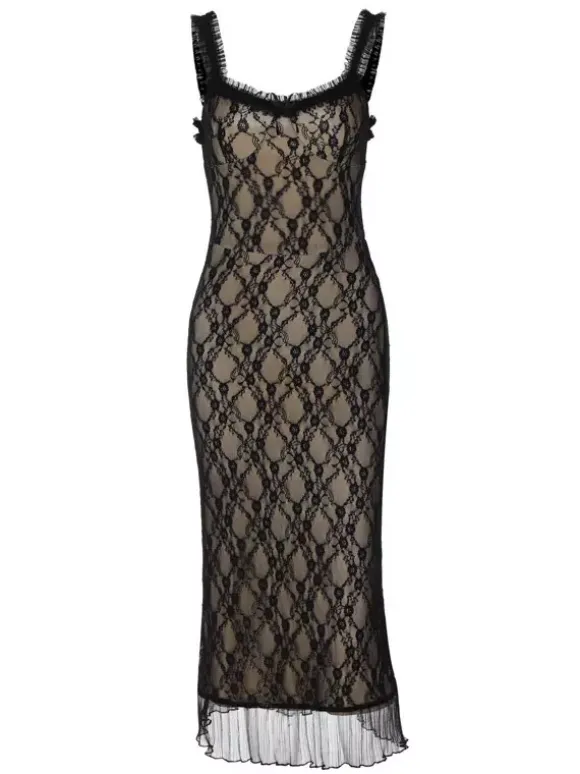 Robe de soirée midi noire à bretelles col en dentelle imprimé floral dos nu chic et semi-formelle