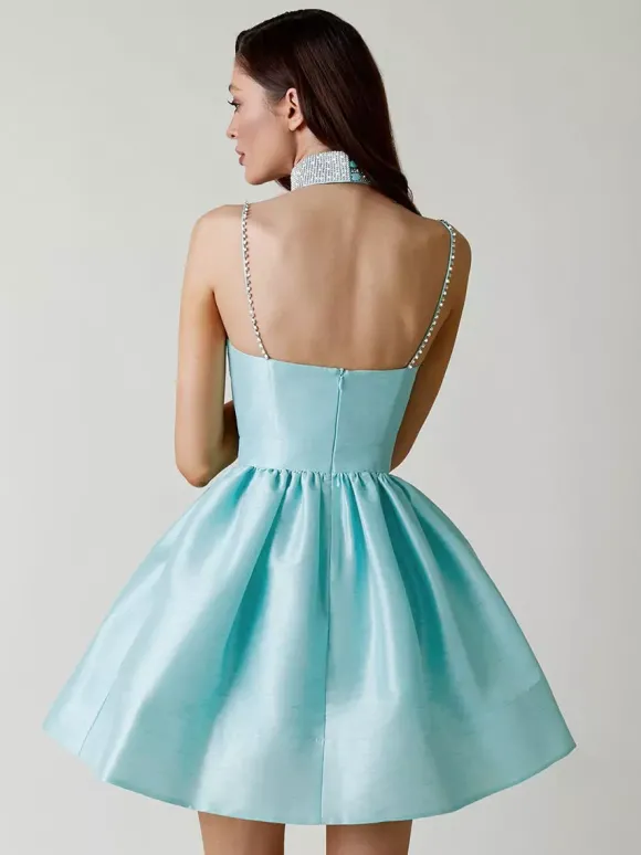 Robe de soirée mini bleu royal à bretelles fermeture éclair au col sans manches dos nu robe élégante et semi-formelle