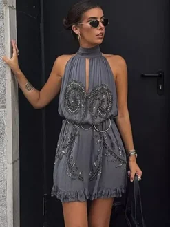 Robe de soirée mini dos nu à lacets sans manches robe sexy semi-formelle