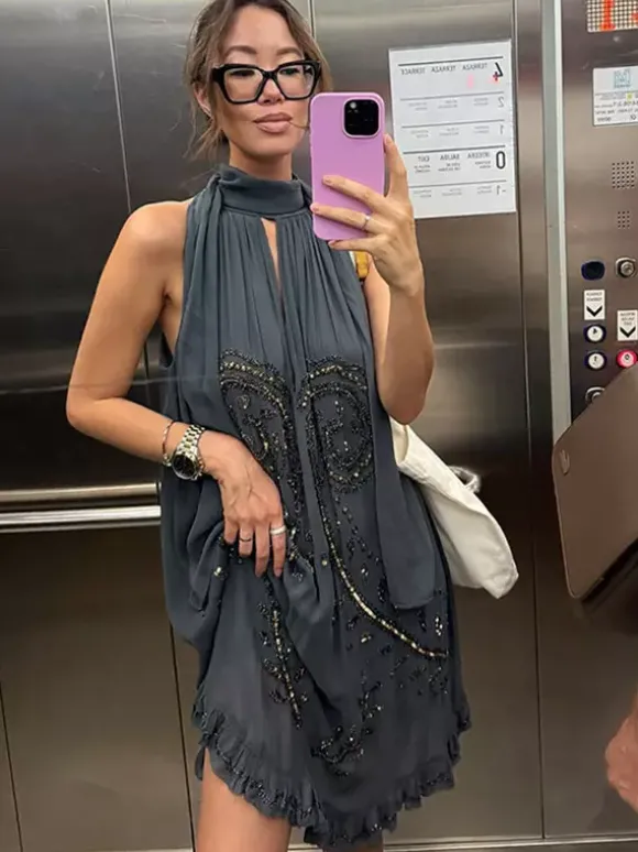 Robe de soirée mini dos nu à lacets sans manches robe sexy semi-formelle