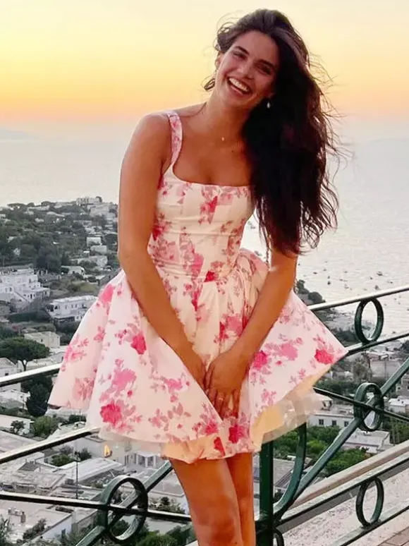 Robe de soirée mini dos nu plissée sans manches à imprimé floral et col carré sexy