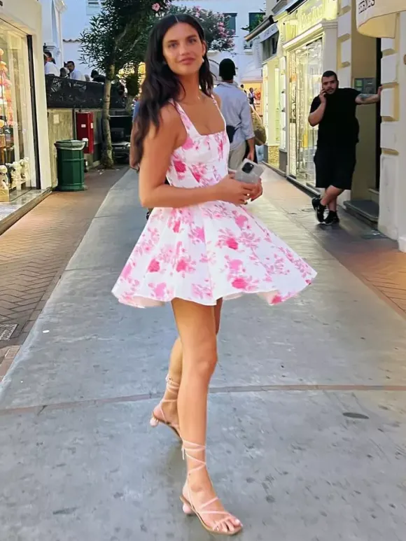 Robe de soirée mini dos nu plissée sans manches à imprimé floral et col carré sexy