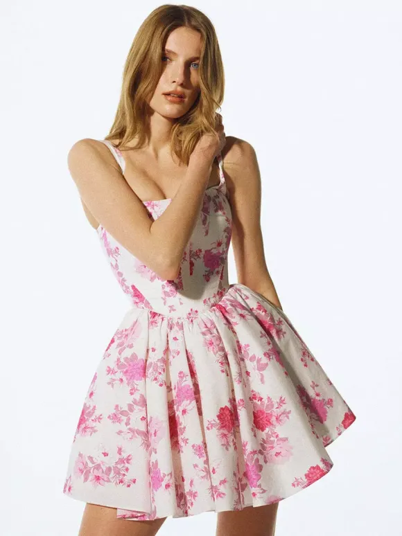 Robe de soirée mini dos nu plissée sans manches à imprimé floral et col carré sexy