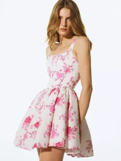 Robe de soirée mini dos nu plissée sans manches à imprimé floral et col carré sexy