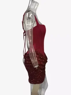 Robe de soirée mini moulante sans manches à sequins et corset pour femme 2026