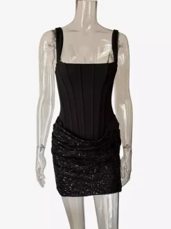 Robe de soirée mini moulante sans manches à sequins et corset pour femme 2026
