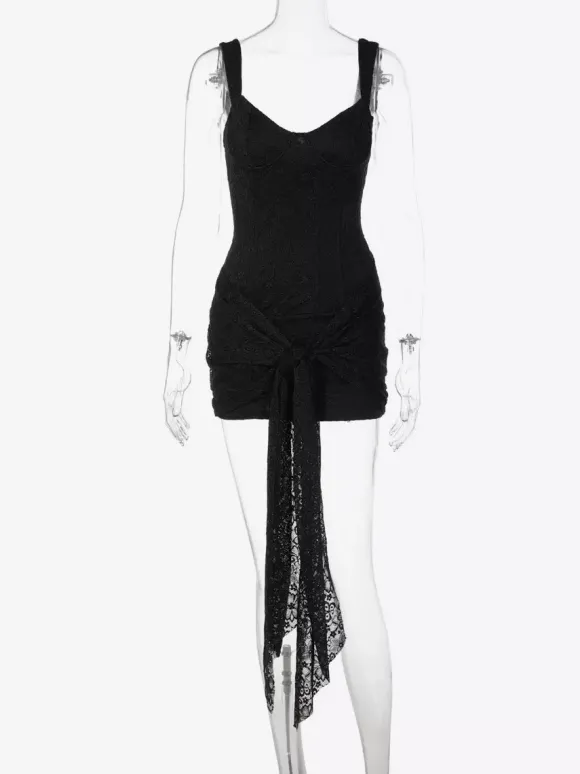 Robe de soirée mini noire à bretelles col en dentelle sans manches et dos nu style décontracté/semi-formel