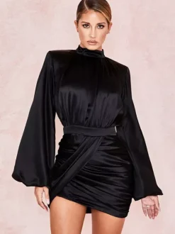 Robe de soirée mini noire à col montant et manches longues lanternes élégante et semi-formelle