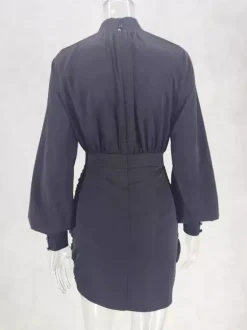 Robe de soirée mini noire à col montant et manches longues lanternes élégante et semi-formelle