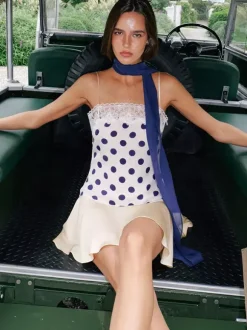 Robe de soirée mini sans manches à pois bretelles décolleté sexy robe bleue