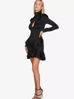 Robe de soirée mini verte à col montant volants manches longues coupe flatteuse style semi-formel sexy