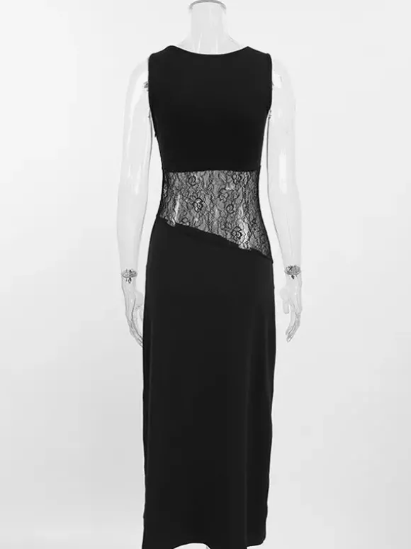 Robe de soirée noire et blanche moulante midi sans manches taille en dentelle découpée sans manches.