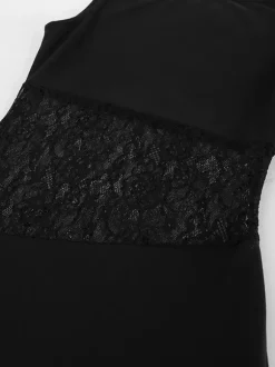 Robe de soirée noire et blanche moulante midi sans manches taille en dentelle découpée sans manches.