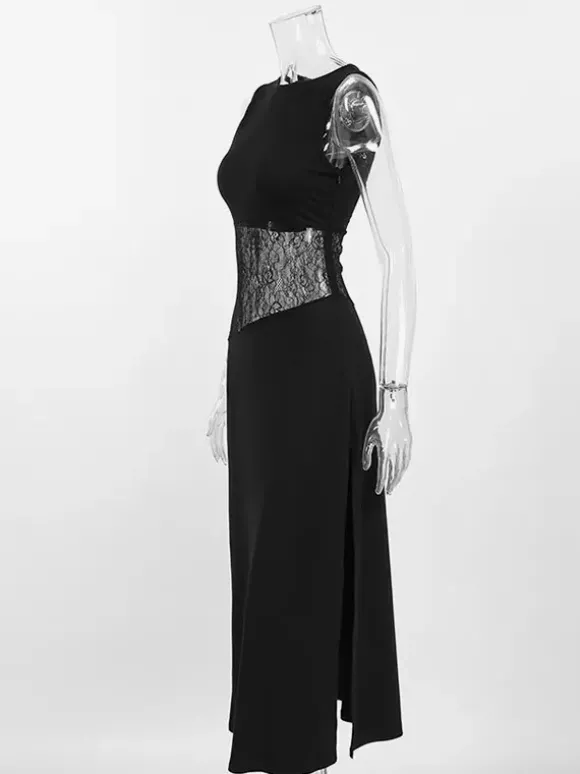 Robe de soirée noire et blanche moulante midi sans manches taille en dentelle découpée sans manches.
